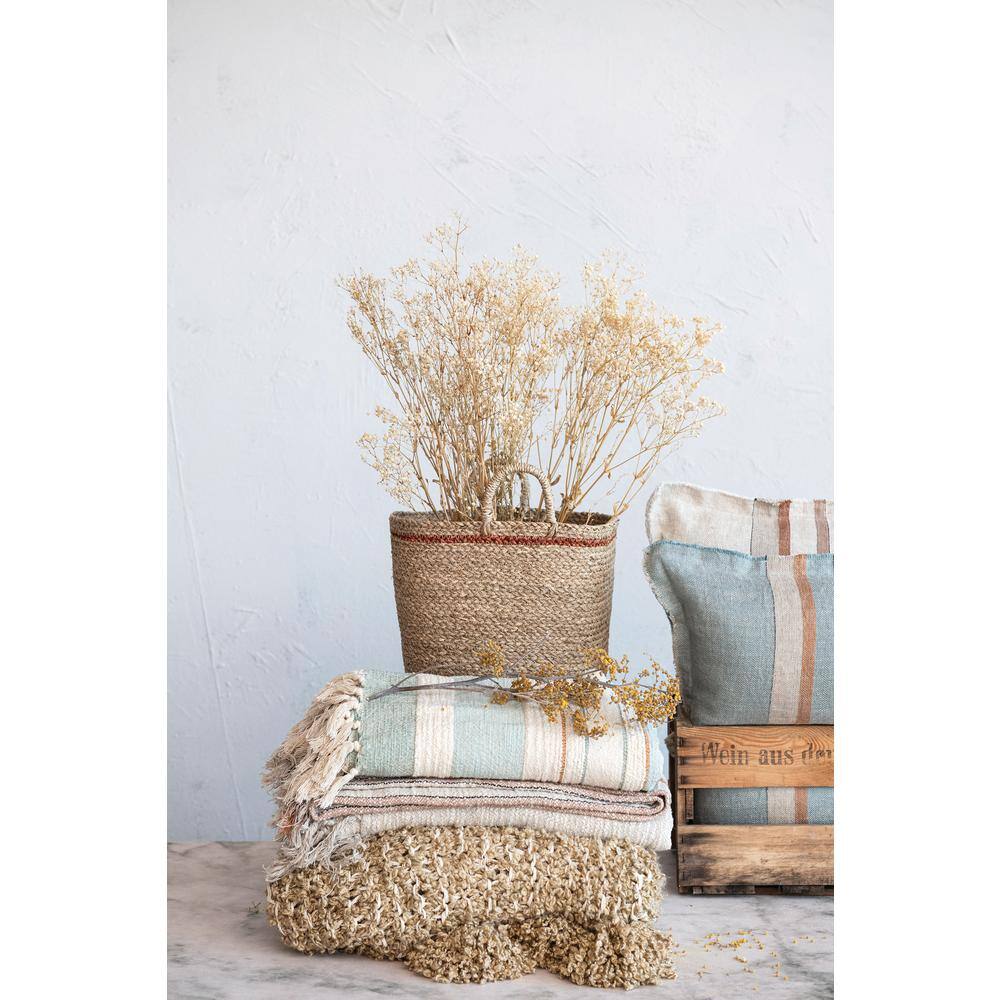 Tan Cotton Chunky Knit Throw Blanket with Tassels