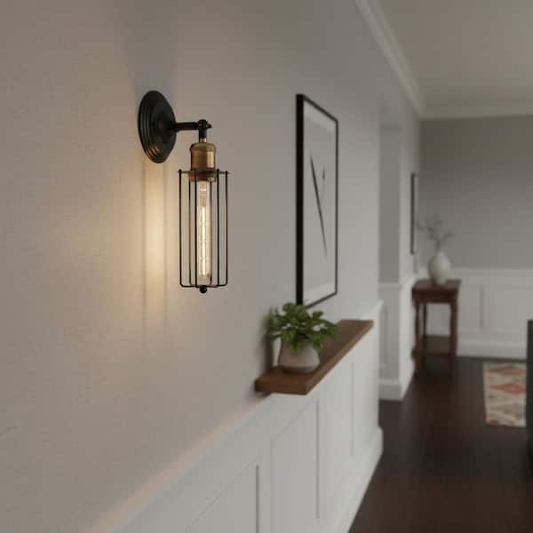 10.63 in.1-Light Dimmable Black Farmhouse Industrial Wall Sconces with Caged Shaded for Bedroom Hallway