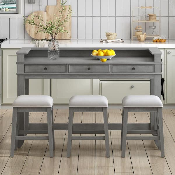 Harper & Bright Designs 4-Piece Light Gray Dining Bar Table Set with Drawers, USB Charging Station and 3-Upholstered Stools