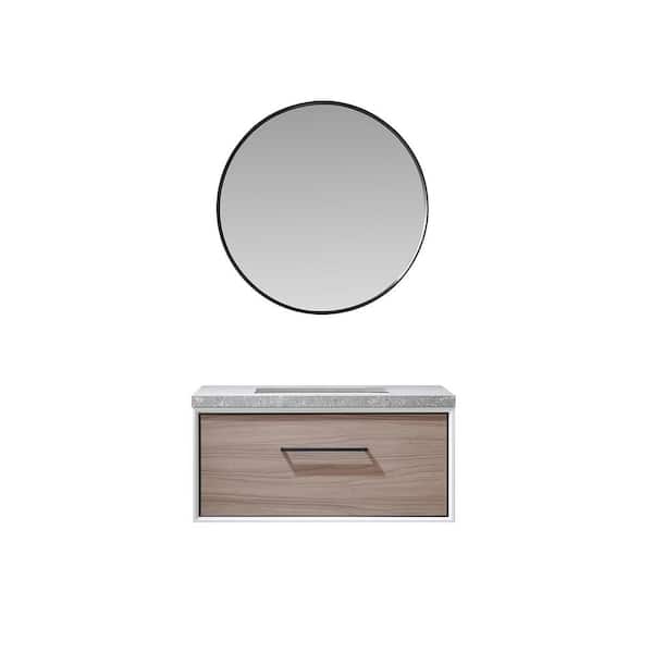 ROSWELL Capa 36 in. W x 22 in. D x 17.3 in. H Single Sink Bath Vanity in Light Walnut with Grey Sintered Stone Top and Mirror