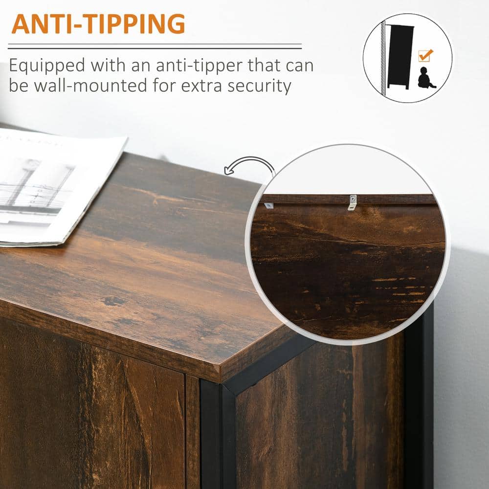 Rustic Brown Steel Frame Buffet Sideboard with Adjustable Shelves