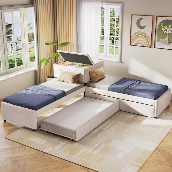 Beige Wood Frame Twin Size Platform Bed with Trundle and 2-Drawers Linked,built-in Desk
