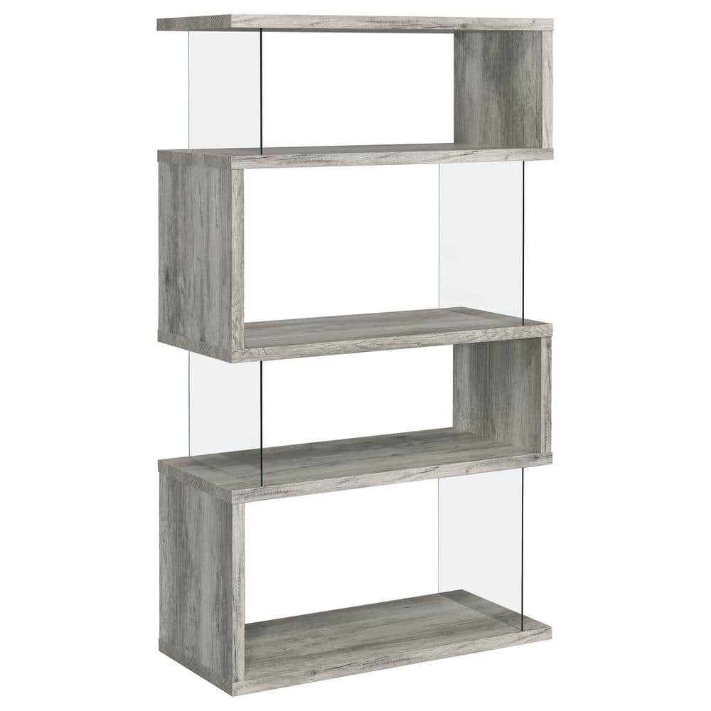 Zigzag Contemporary 63" Gray Wood Bookcase with Glass Panels