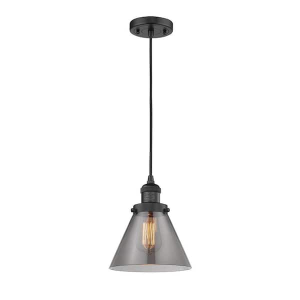 Cone 100-Watt 1-Light Matte Black Shaded Mini Pendant Light Smoked Glass Shade