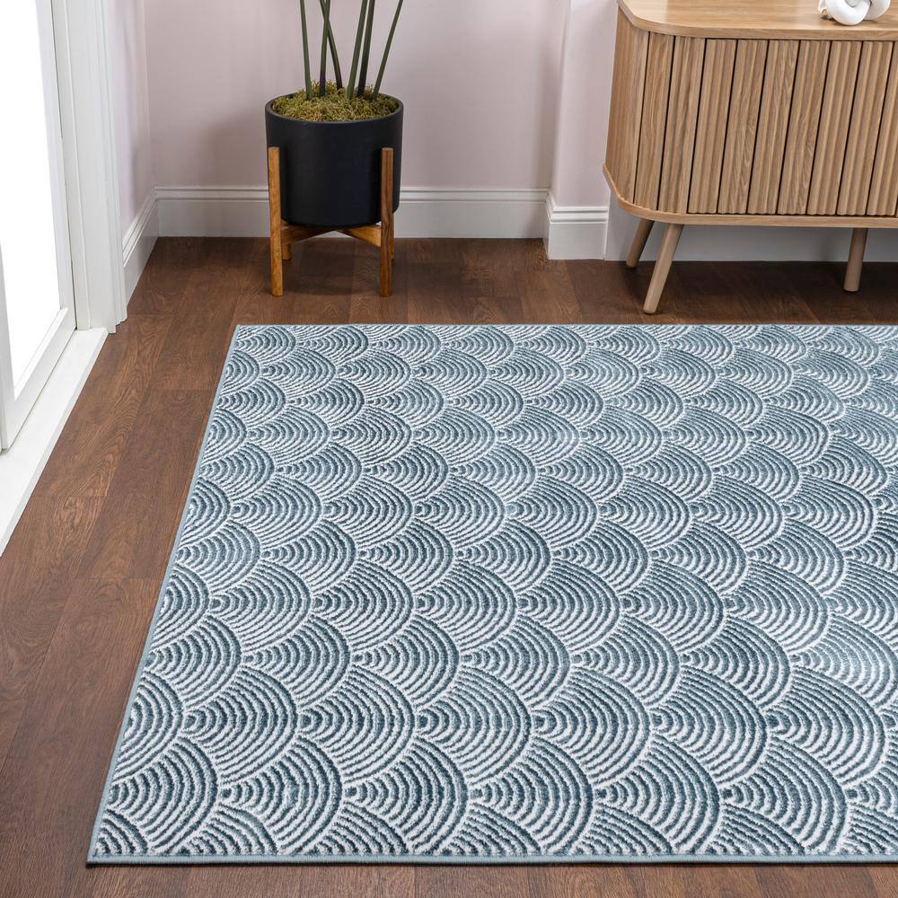Navy and Cream Geometric Art Deco High-Low Area Rug 8x10