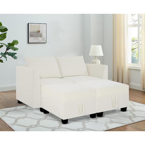 HOMESTOCK White Linen 56.1 in. W Straight Arm Sectional sofa - Sofa Couch for Living Room/Office