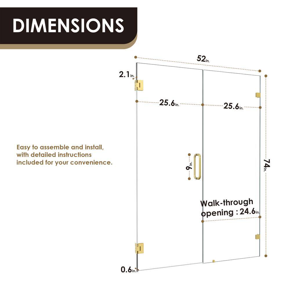 Brushed Gold Frameless Pivot Hinged Shower Door with Clear Glass