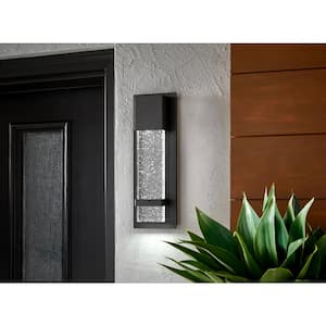 13.75 in. 1-Light Black Integrated LED Outdoor Wall Light Lantern Sconce with Seeded Glass