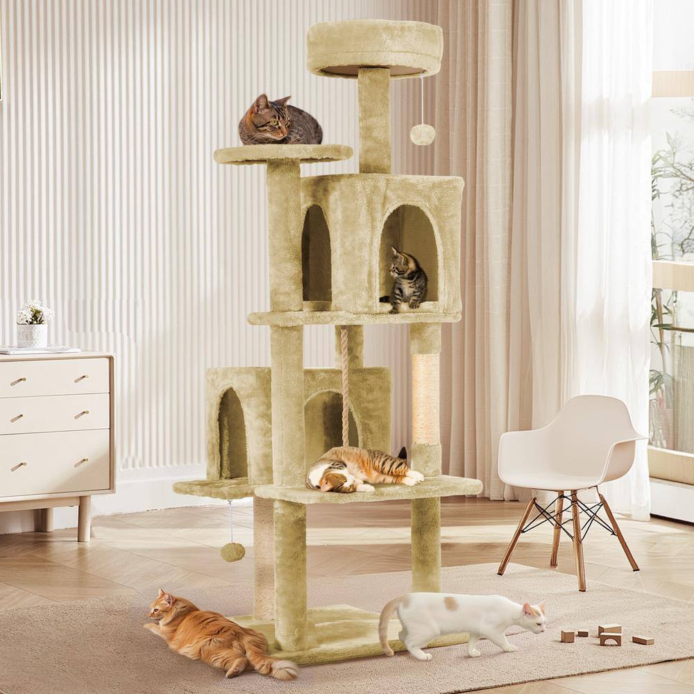 Beige Modern Cat Tree Pet Tower with Scraching Ramp, Hanging Ball