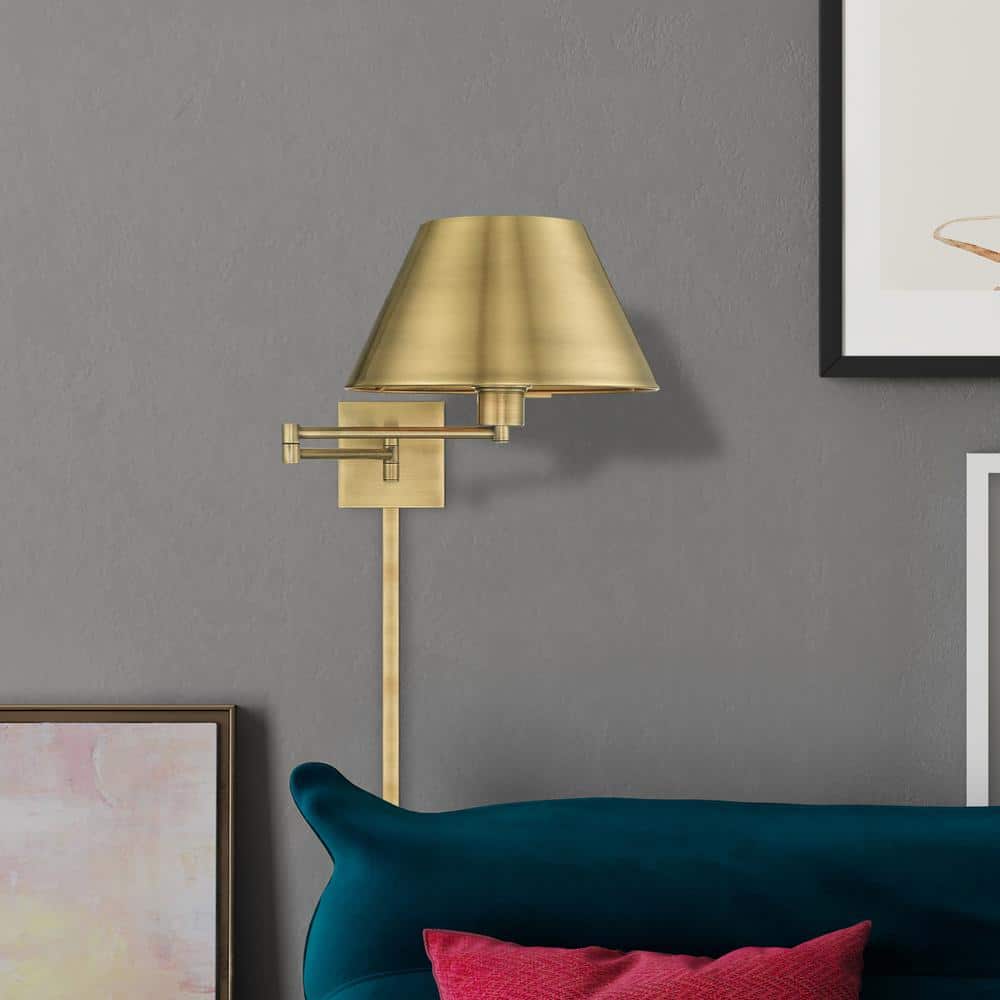 Antique Brass Swing Arm Wall Lamp with Satin Shade
