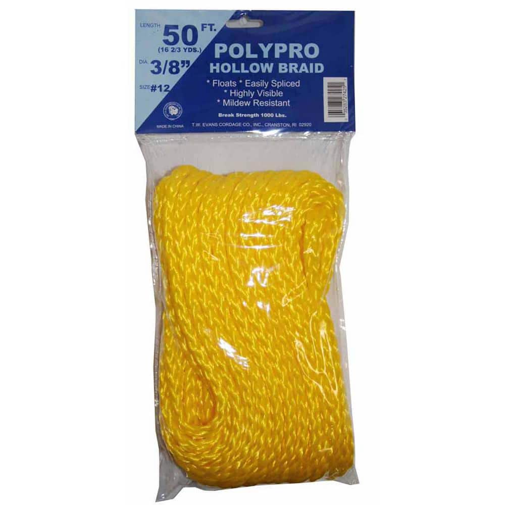 t.w . Evans Cordage 27-425 3/8-Inch by 50-Feet Hollow Braid Polypro Rope, Yellow