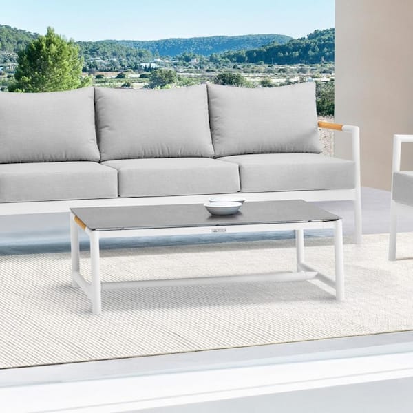 Crown White Rectangular Aluminum and Teak Wood Outdoor Coffee Table