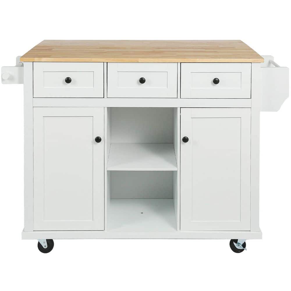 White Kitchen Cart with Rubber Wood Drop-Leaf Countertop