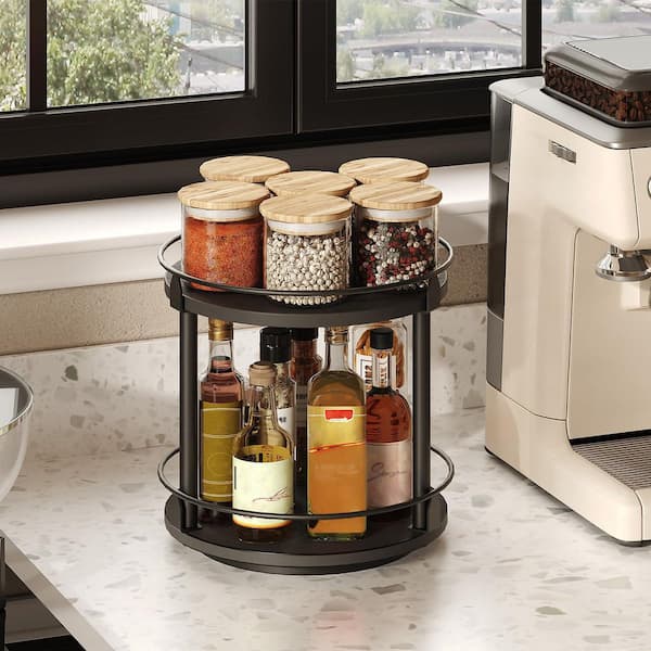 Wudkey 2 Tier Black Lazy Susan Organizer, Rotating Spice Rack