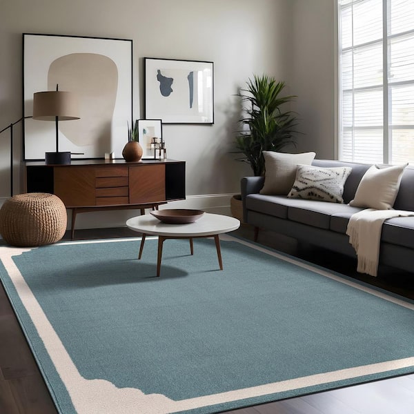 Hera Teal 8 ft. x 10 ft. Rubber Back Washable Corner Bordered Indoor Outdoor Patio Area Rug