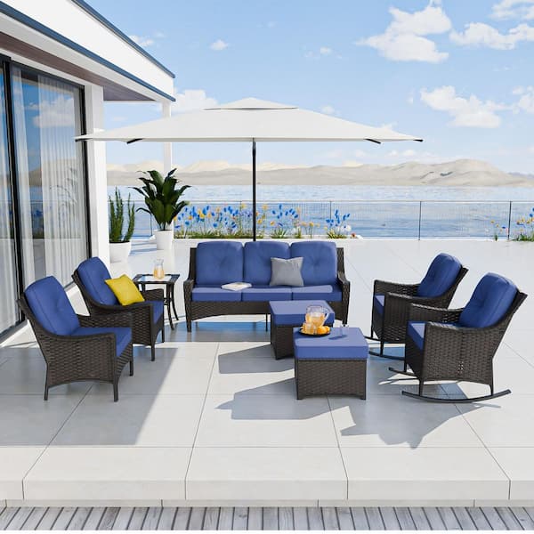 Brown 8-Piece Wicker Patio Conversation Set with Rocking Chairs, Outdoor Sofa Seating Set with Olefin Blue Cushions