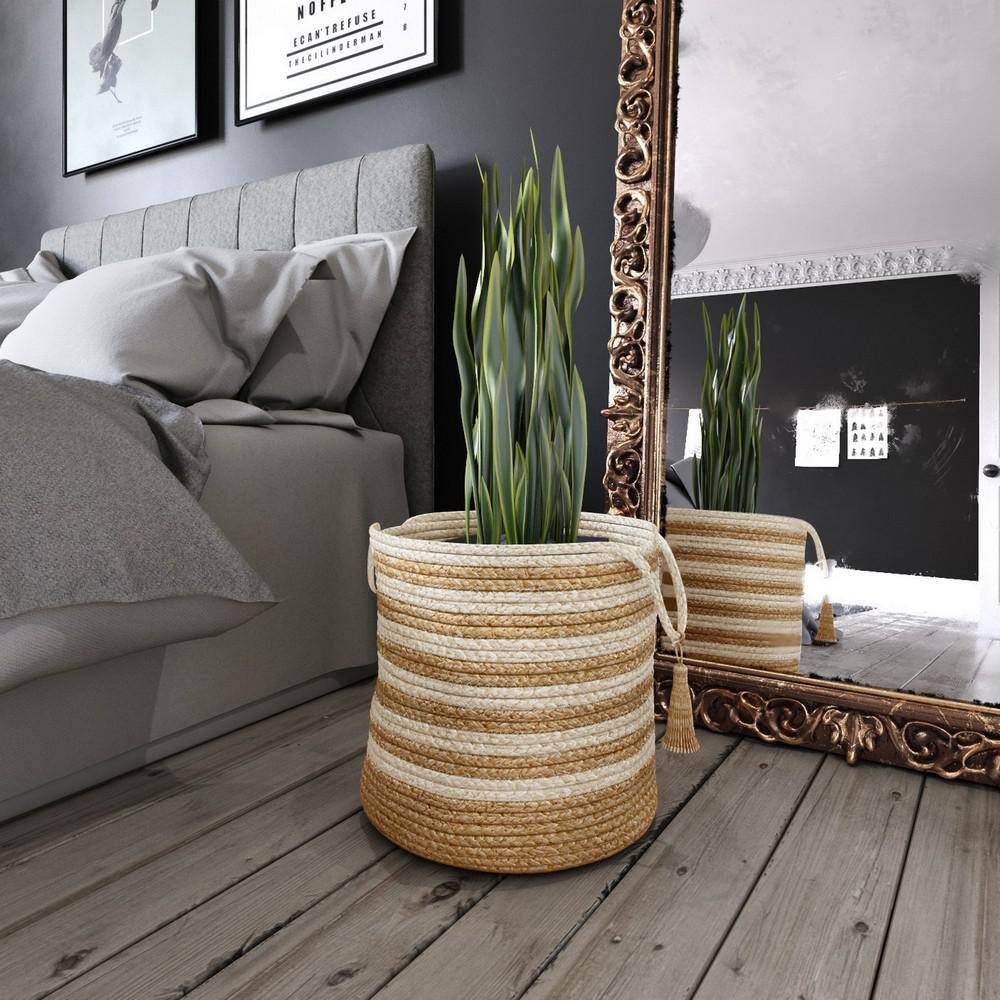 Handmade Striped Natural Jute Round Storage Basket with Handles