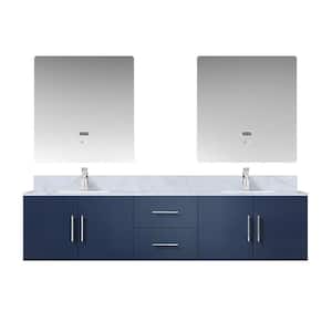 Geneva 80 in. W x 22 in. D Navy Blue Double Bath Vanity, Carrara Marble Top, Faucet Set and 30 in. LED Mirrors