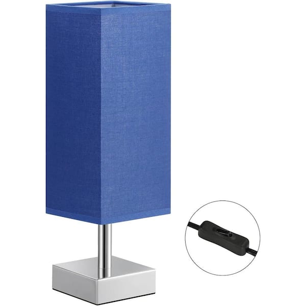 EKIEUDL 13.23 in. Minimalist Nightstand Small Table & Bedside Lamp with Navy Blue Shade for Kids Room & Dorm, Silver