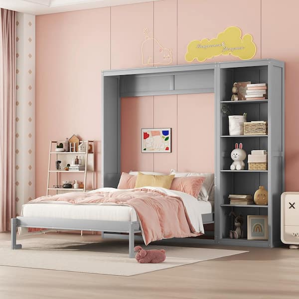 Qualler Gray Wood Frame Full Size Murphy Bed with Shelves