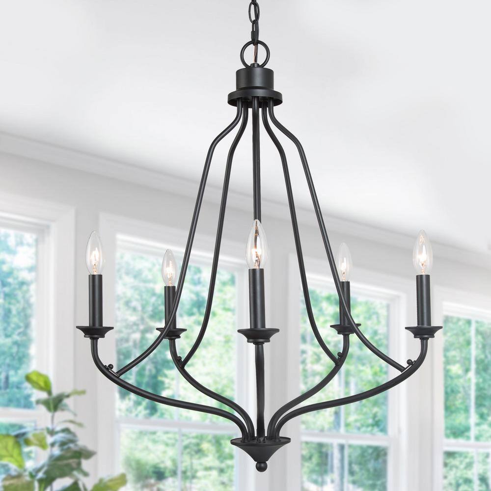 Uolfin Matte Black Candlestick Chandelier, Modern 5-Light Black Dining