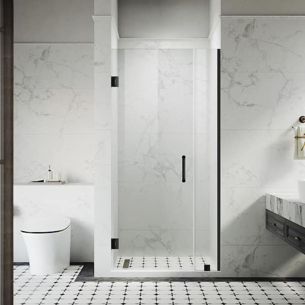UKH07-A 38-1/8 to 39 in. W x 80 in. H Hinged Frameless Shower Door in Matte Black, EnduroShield 3/8 in. SGCC Clear Glass