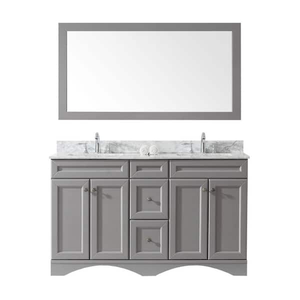 Virtu USA Talisa 60 in. W Bath Vanity in Gray with Marble Vanity Top in White with Square Basin and Mirror