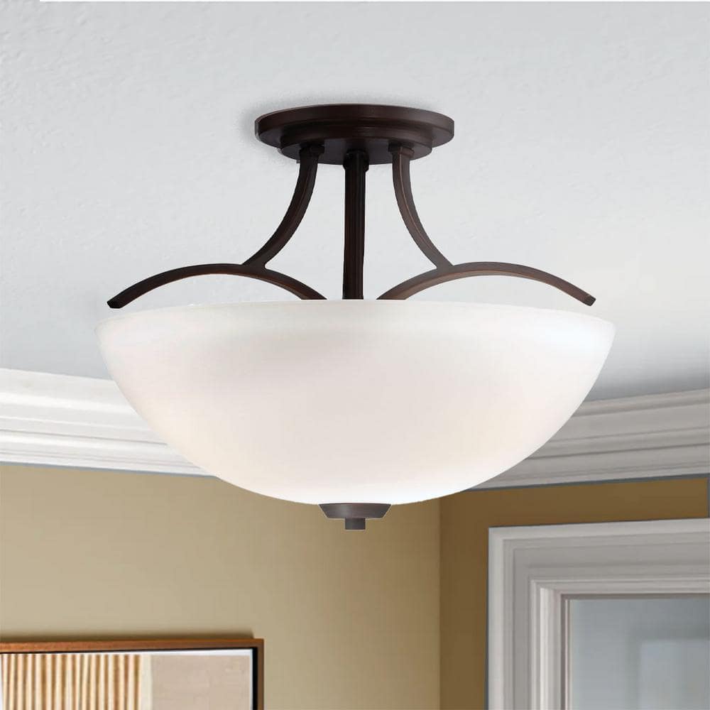 Overland Park Vintage Bronze 3-Light Bowl Semi-Flush Mount with Etched White Glass