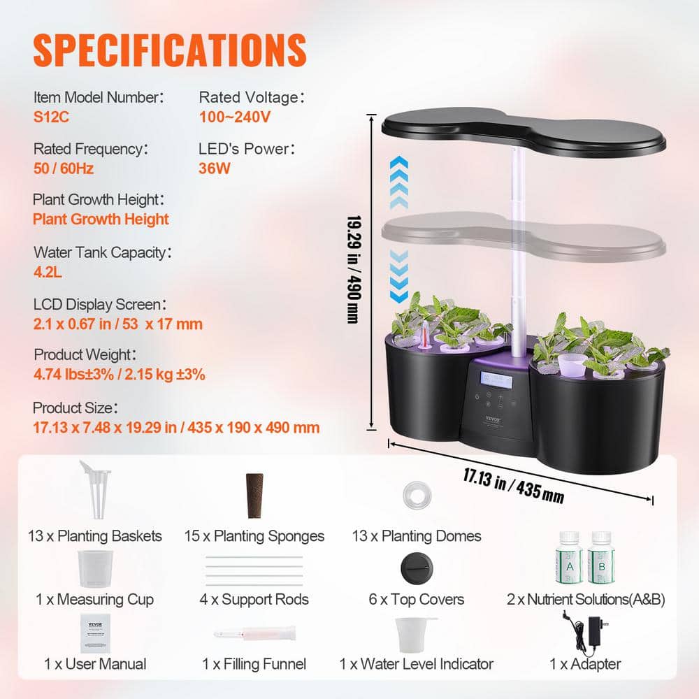 Black Adjustable Indoor Hydroponics Growing System with LED Light