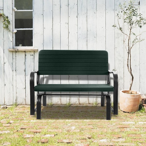 FORCLOVER 2-Seat Plastic Porch Outdoor Glider with HDPE Back Seat and Steel Frame in Black