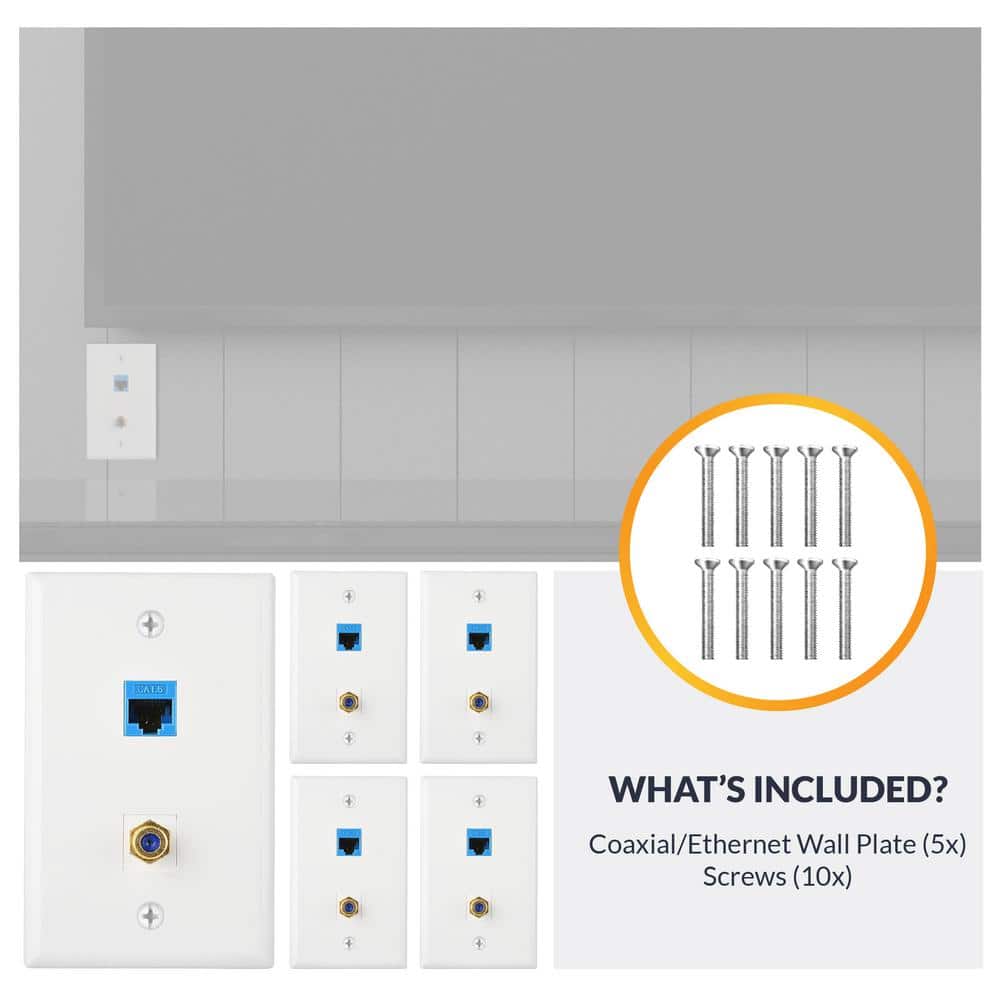 White Polished Double Ethernet & Coaxial Wall Plate, 5-Pack