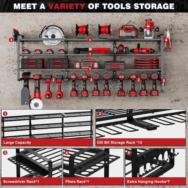 49.6 in. Black Steel 4-Tier Power Tool Organizer Shelving Wall Mount Utility Storage Rack 1-Pack
