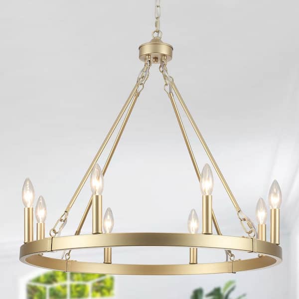 8-Light Gold Circle Candle Design Linear Chandelier Lighting Wagon Wheel Chandelier for Kitchen Island