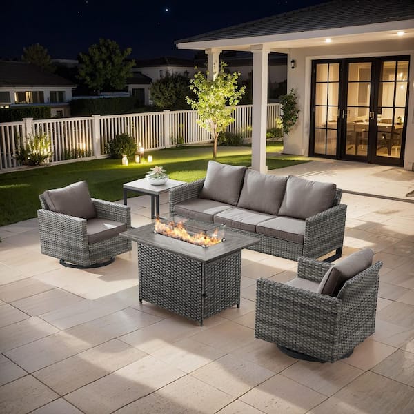 moosprr U-Frame 5-Piece Gray Wicker Fire Pit Conversation Set with Olefin Gray Cushions and Swivel Glider Chairs/Couch