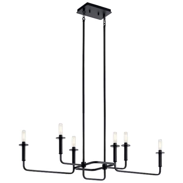 KICHLER Alden 38.5 in. 6-Light Black Mid-Century Modern Candle Linear Chandelier for Dining Room