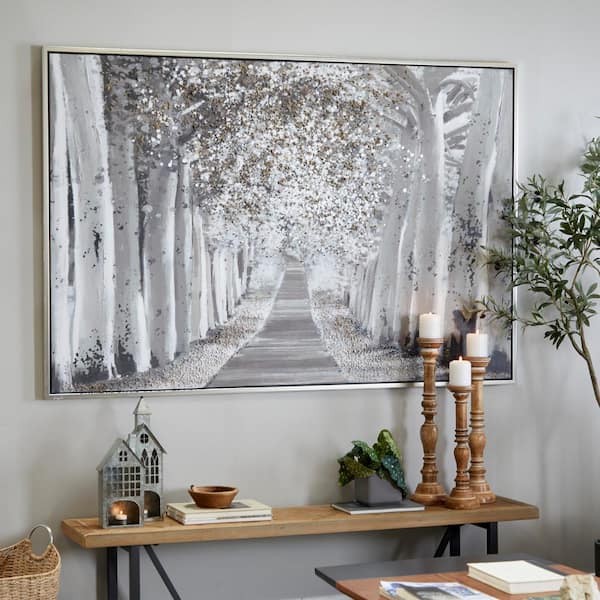 1- Panel Landscape Trees Framed Wall Art with Silver Frame 48 in. x 71 in.