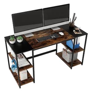 55 in. Rectangular Rustic Brown Computer Desk with 4 Storage Shelves and Splice Tabletop