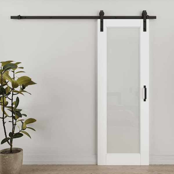 28 in. x80 in. 1-Lite Tempered Frosted Glass White Primed MDF Composite Sliding Barn Door with Hardware Kit