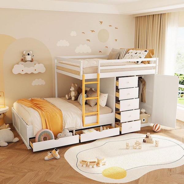 Harper & Bright Designs White Full Over Full Bunk Bed with Ladder, 7 ...