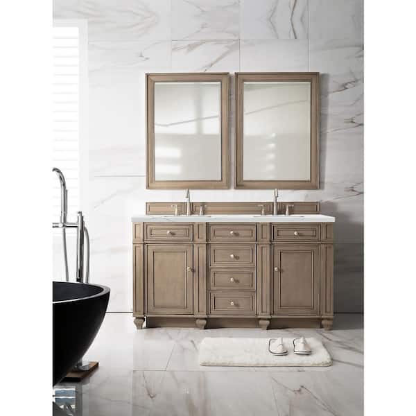 James Martin Vanities Bristol 60 in. W x 23.5 in. D x 34 in. H Double Bathroom Vanity in Whitewashed Walnut with Ethereal Noctis Quartz Top