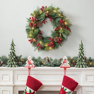 24 in. D Berry Magnolia Leaf Pinecone Artificial Christmas Wreath With 20 Warm White Lights