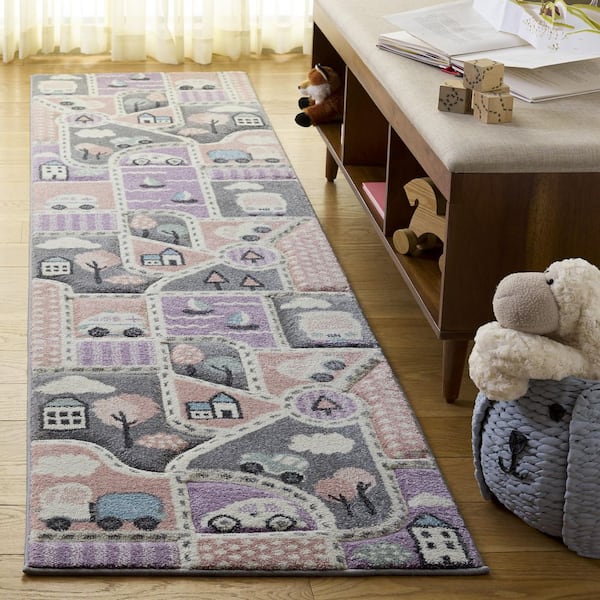 Carousel Kids 2 ft. x 8 ft. Gray/Pink Novelty Runner Rug