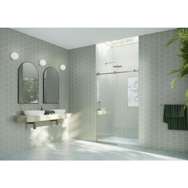 Astro 48 in. W x 78 in. H Sliding Frameless Shower Door with Square Hardware in Brushed Bronze with Clear Glass