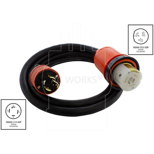 Ac Works 10 Ft 10 Gauge Generator L14 30p 30 Amp 4 Prong Plug To 50 Amp Rv Marine Power Inlet Adapter Cord L1430m50 010 The Home Depot
