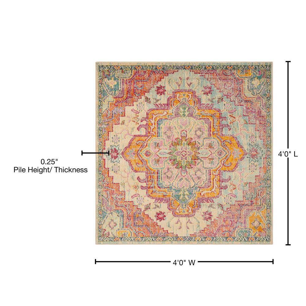 Light Blue and Fuchsia Medallion Square Synthetic Rug