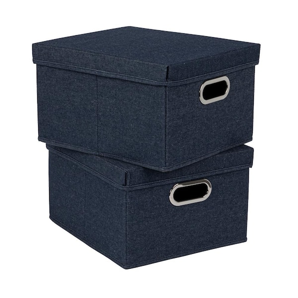 HOUSEHOLD ESSENTIALS 8.6 in. H x 13 in. W x 15 in. D Denim Blue Collapsible Polylinen and Cardboard Cube Storage Bin 2-Pack