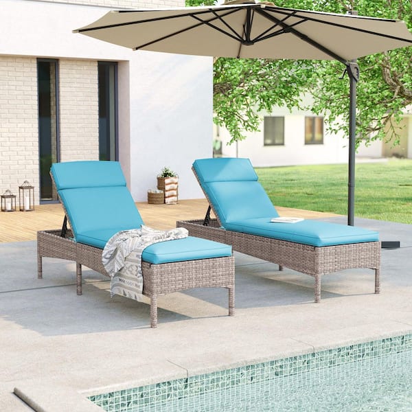 Outdoor Patio Wicker Chaise Lounge Chairs with Adjustable Inclination Angles, Lake Blue Cushion
