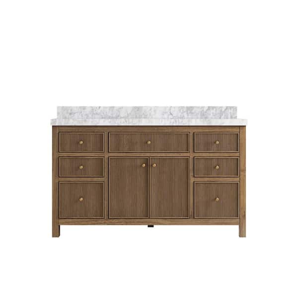 Willow Collections Sonoma Teak 60 in. W x 22 in. D x 36 in. H Single Sink Bath Vanity in Dark Teak with 2" Carrara Marble Top
