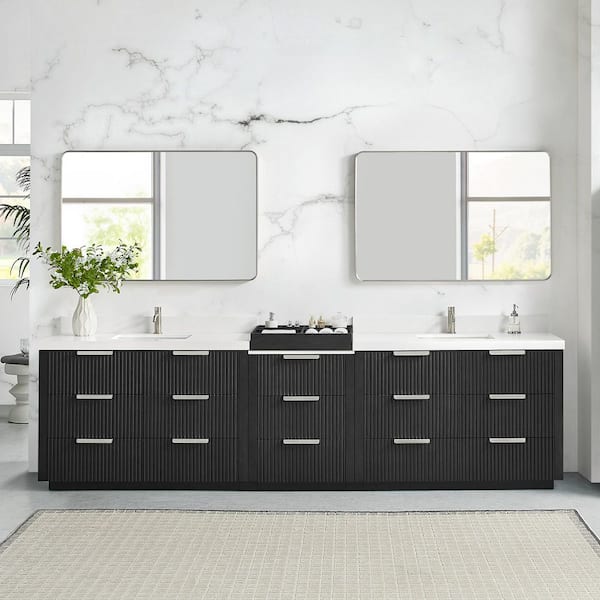 Santarem 120 in. W x 22 in. D x 35.6 in. H Double Sink Bath Vanity in Oak Weathered Black w/ Pure White Quartz Stone Top