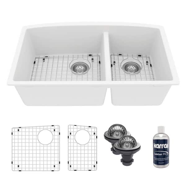 QU-711 Quartz/Granite 32 in. Double Bowl 60/40 Undermount Kitchen Sink in White with Bottom Grid and Strainer